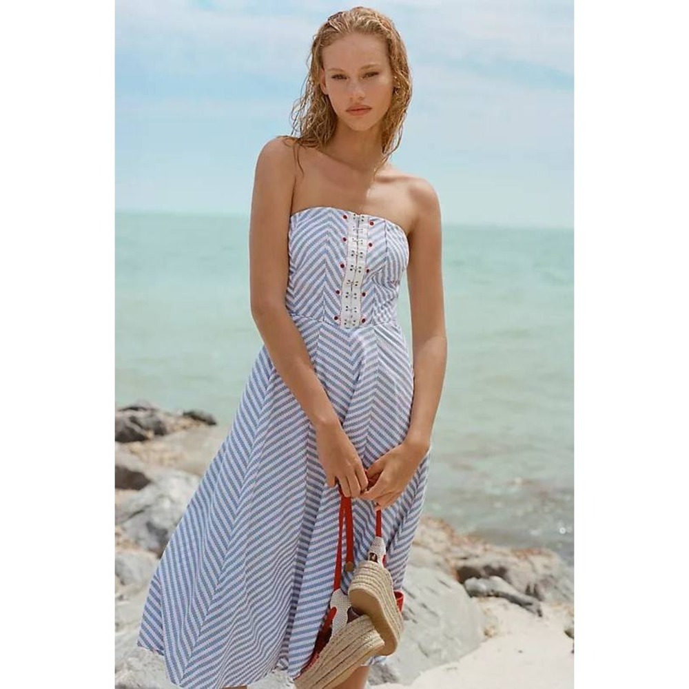 Maeve‎ Anthropologie Strapless A Line Midi Dress Womens XL Corset Nautical NWT